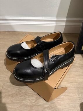 Mary Jane Black Leather Mary Jane Flats with Silver Buckle